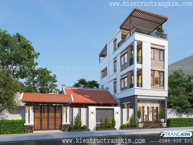 Thiết kế nhà ở đẹp 3 tầng 1 tum kết hợp nhà thờ 3 gian 1