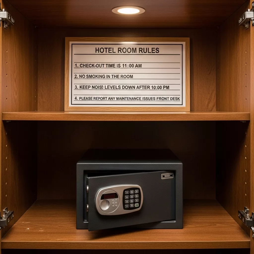 Két sắt mini và bảng nội quy phòng 1 Két sắt mini và bảng nội quy phòng 1