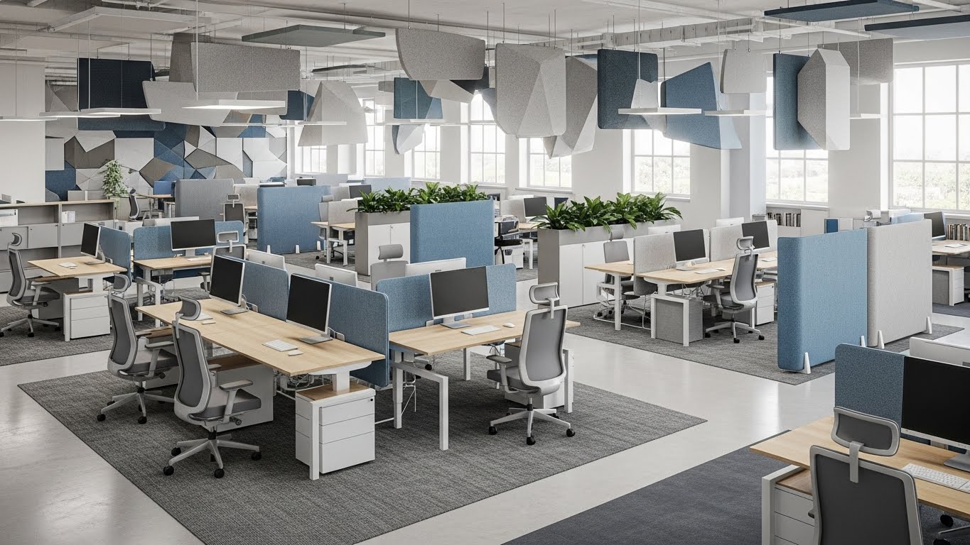 Bố trí ergonomics: ghế công thái học, thảm, trần tiêu âm 1