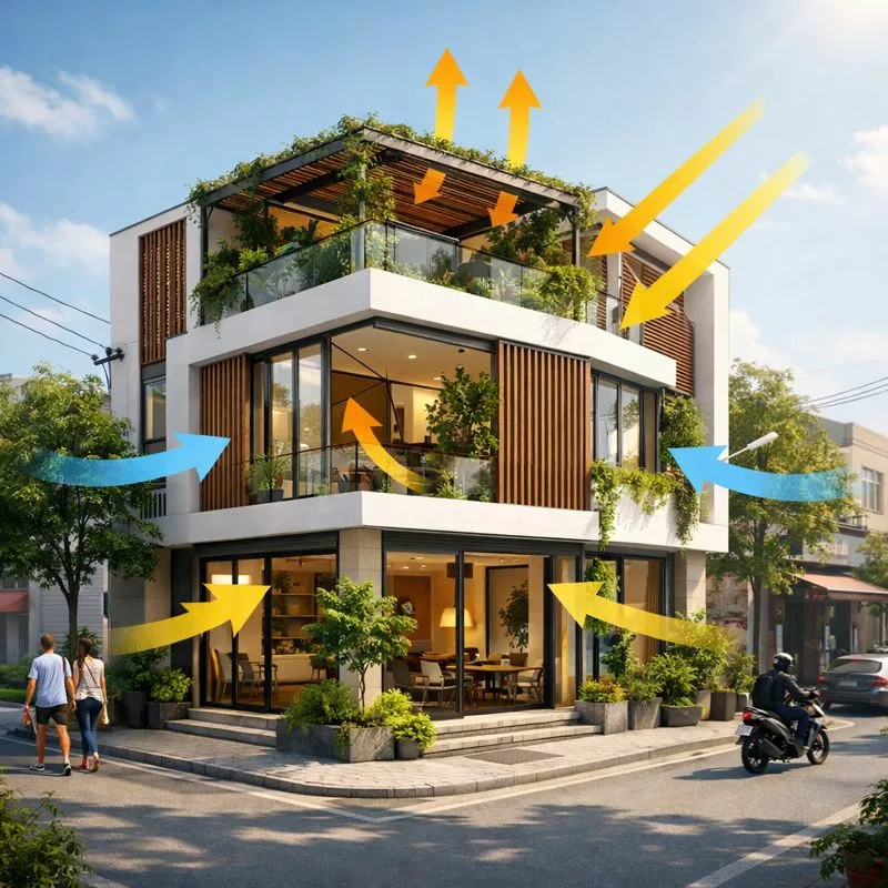 Tránh nắng gắt và bức xạ nhiệt từ hai mặt tiền 1 Tránh nắng gắt và bức xạ nhiệt từ hai mặt tiền 1