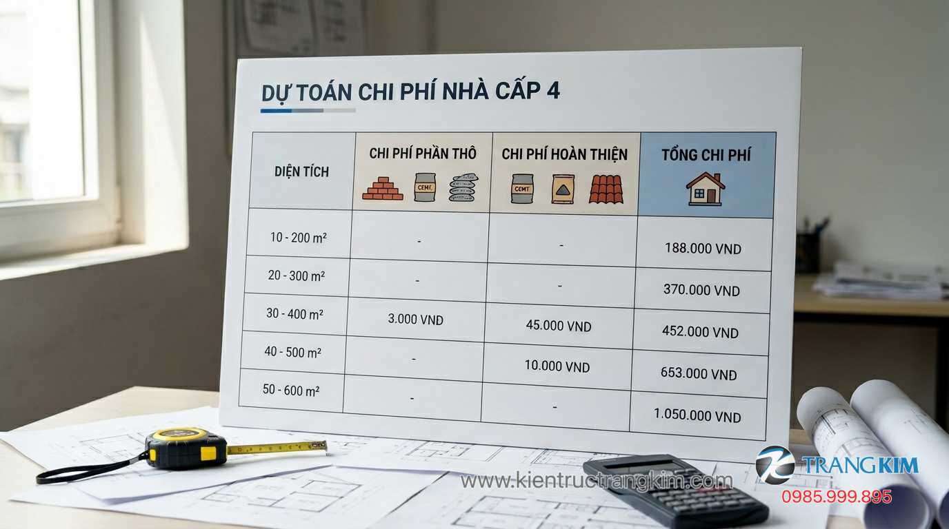 Ảnh minh hoạ: Bảng dự toán chi phí xây nhà cấp 4 theo diện tích