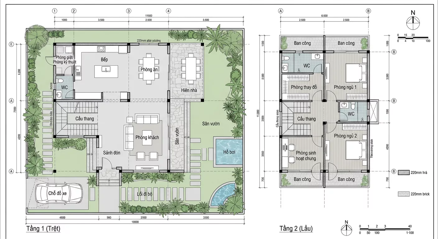 Mặt bằng công năng trong bản thiết kế biệt thự 2 tầng 1