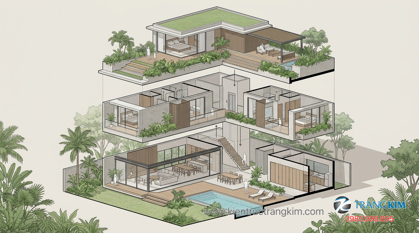 Ảnh minh hoạ: Bản vẽ kiến trúc biệt thự vườn 3 tầng với phân khu công năng rõ ràng