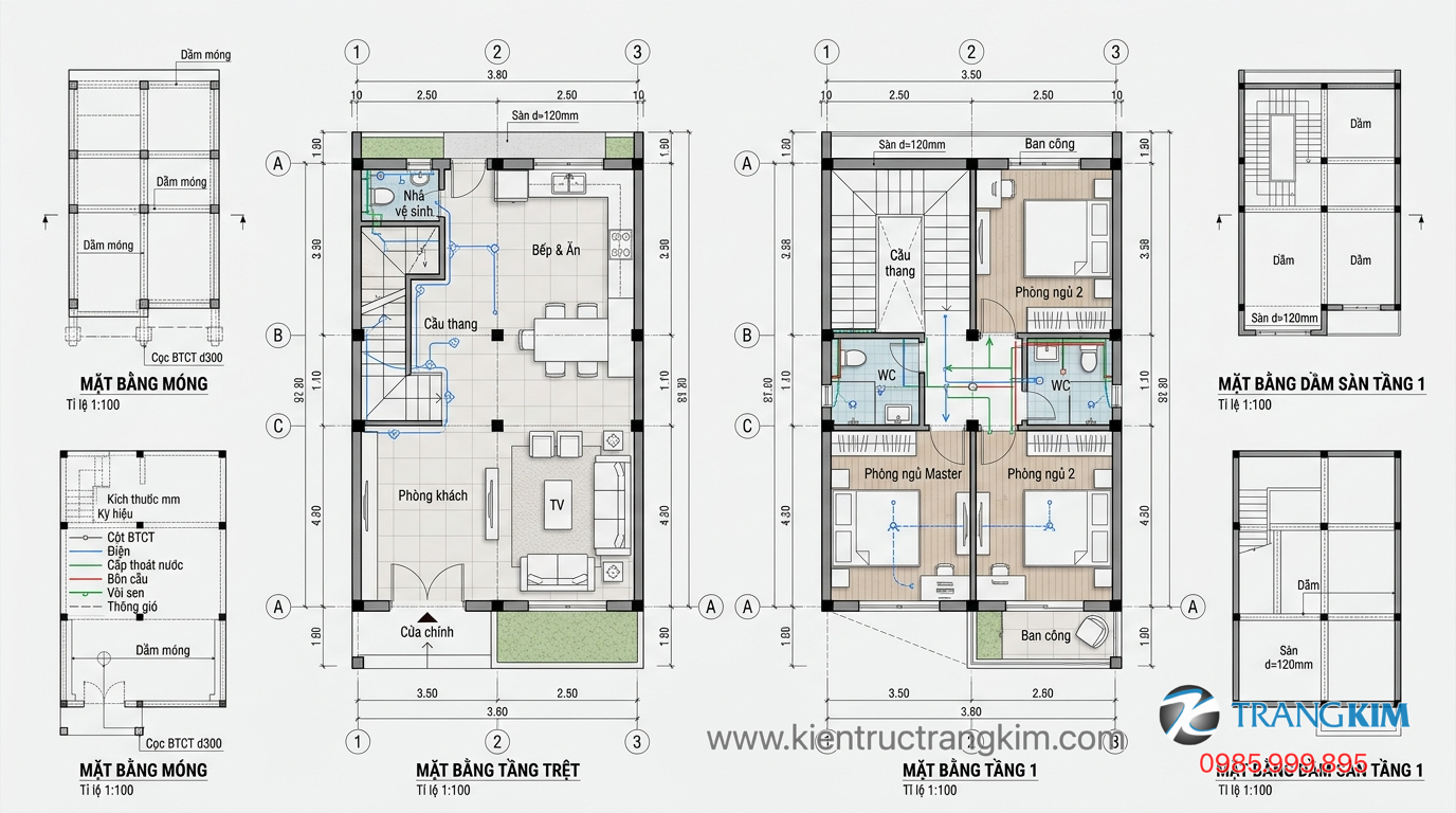 Bản vẽ kiến trúc, kết cấu và hệ thống kỹ thuật 1 Ảnh minh hoạ: Bản vẽ mặt bằng biệt thự mini 2 tầng và sơ đồ kết cấu – kỹ thuật