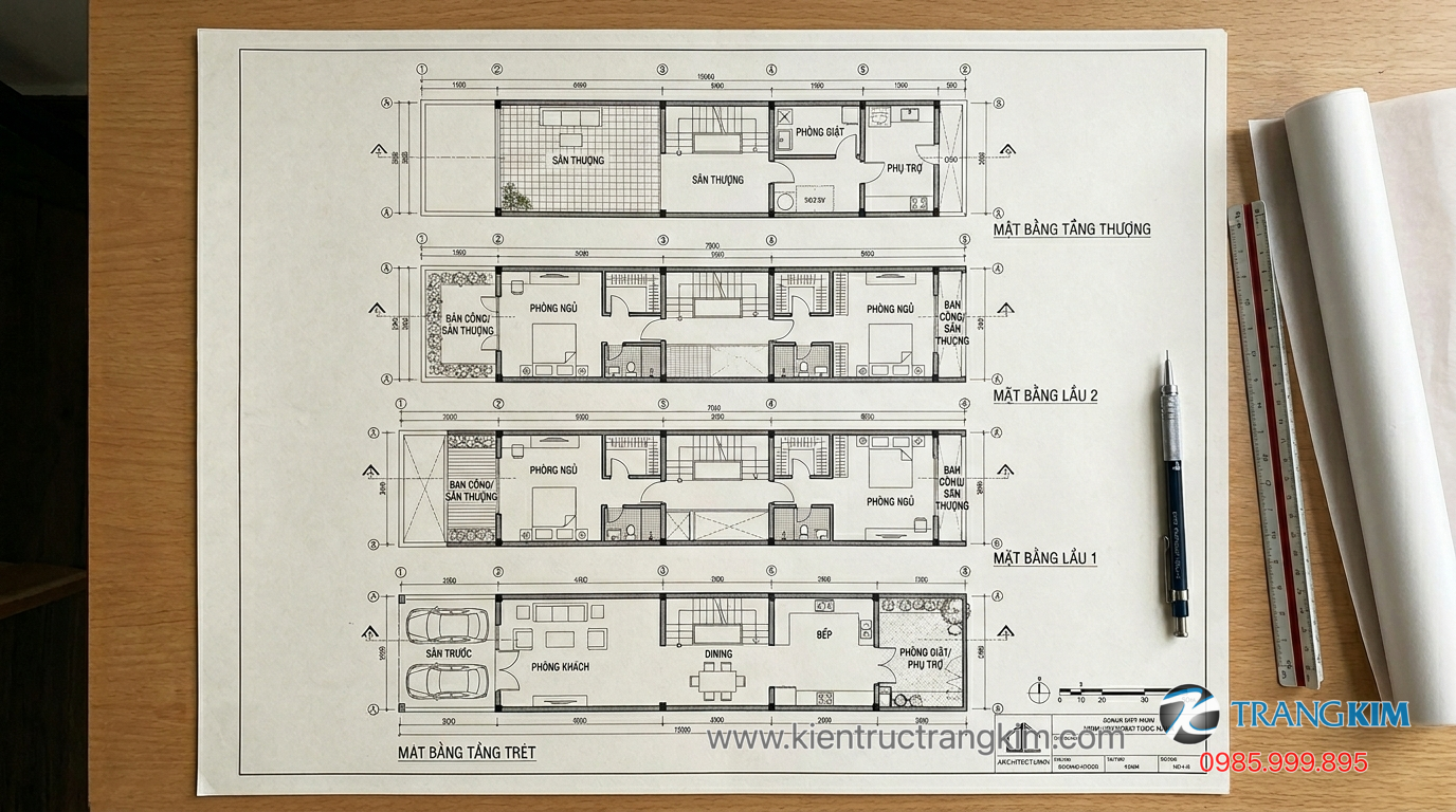 Ảnh minh hoạ: Bản vẽ mặt bằng nhà phố 4 tầng trong hồ sơ thiết kế