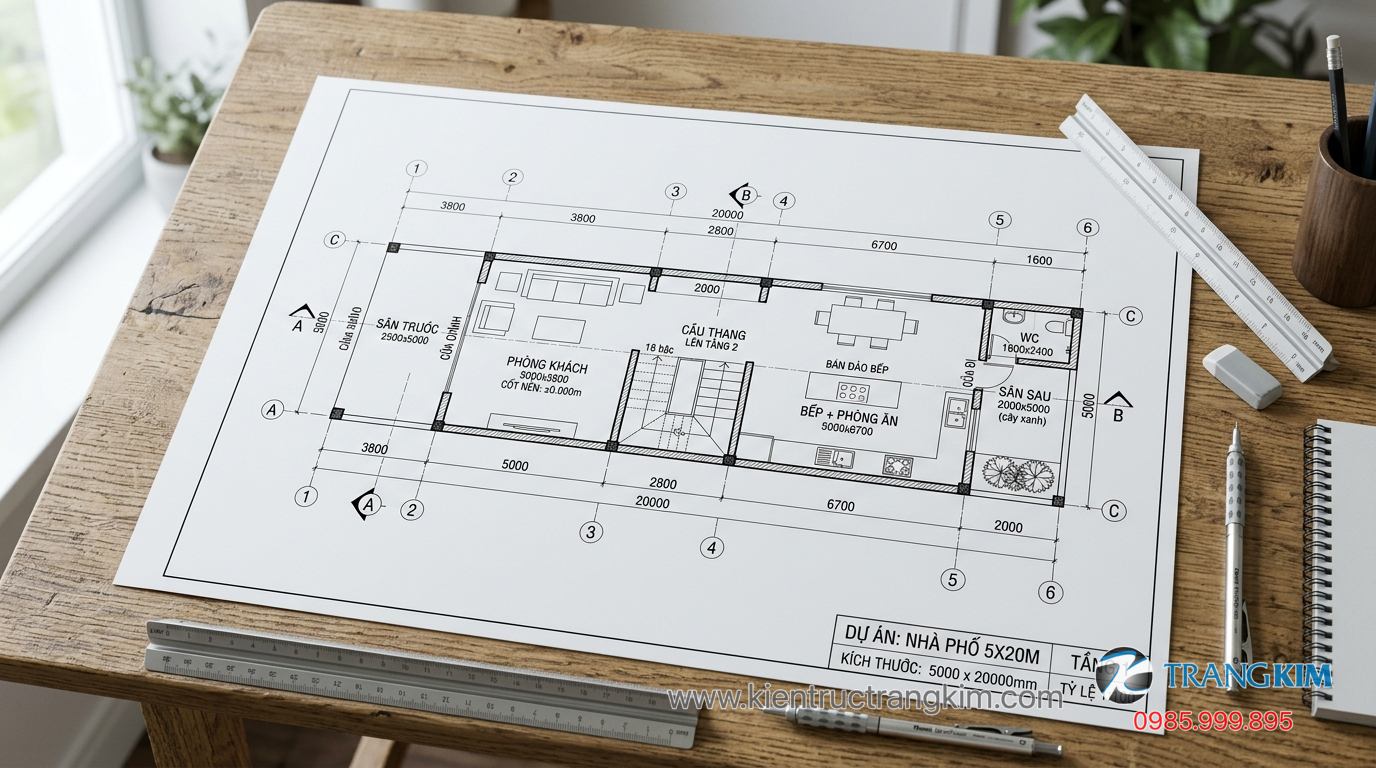 Diện tích mái và sân thượng 1 Ảnh minh hoạ: Bản vẽ mặt bằng nhà phố 5x20 trong hồ sơ thiết kế kiến trúc