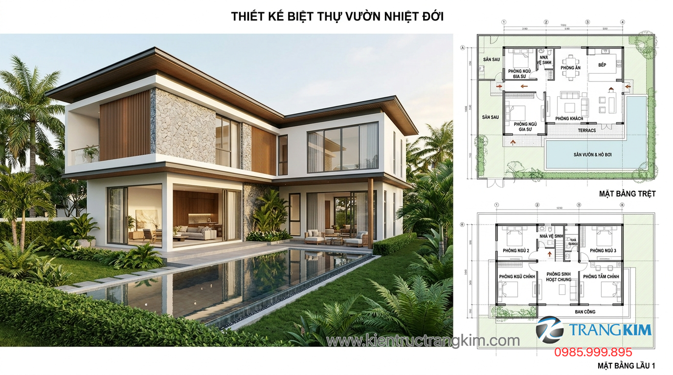 Lựa chọn đơn vị thiết kế uy tín 1 Ảnh minh hoạ: Bản vẽ mặt bằng và phối cảnh biệt thự vườn 2 tầng