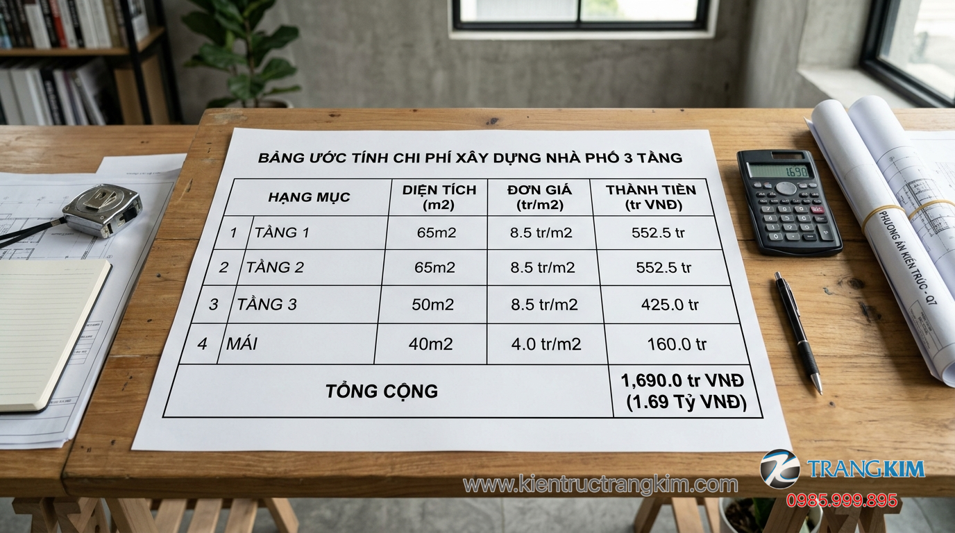 Ảnh minh hoạ: Bảng tính chi phí xây dựng nhà 3 tầng theo diện tích và đơn giá