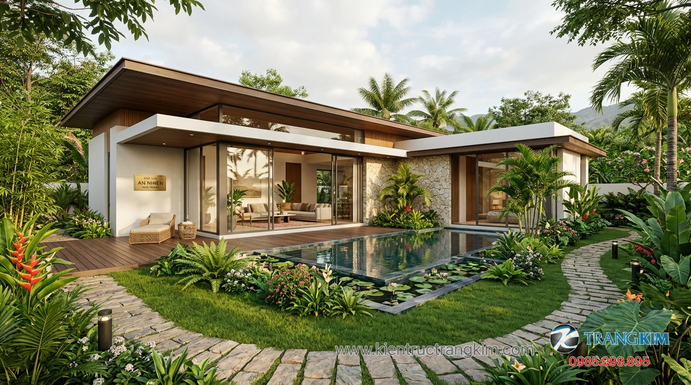 Ứng dụng vật liệu hiện đại trong kiến trúc 1 Ảnh minh hoạ: biệt thự 1 tầng hiện đại kết hợp sân vườn