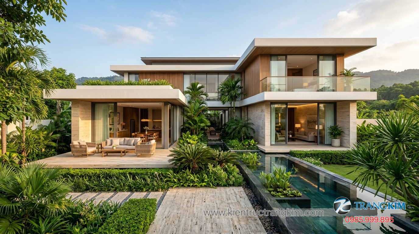 Ứng dụng vật liệu và công nghệ mới trong kiến trúc 1 Ảnh minh hoạ: Biệt thự 2 tầng hiện đại với sân vườn xanh và không gian mở