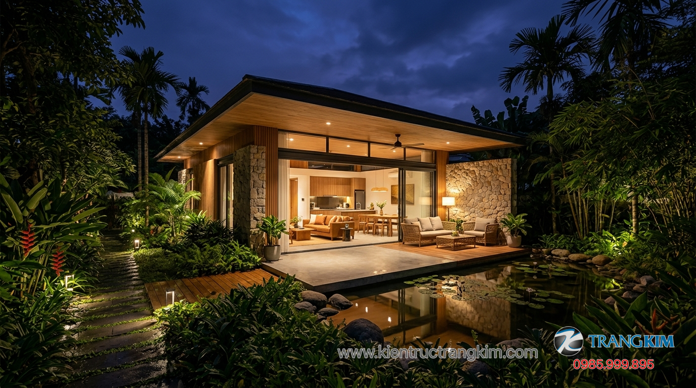 Biệt thự bungalow hiện đại 1 Ảnh minh hoạ: biệt thự bungalow 1 tầng với không gian xanh