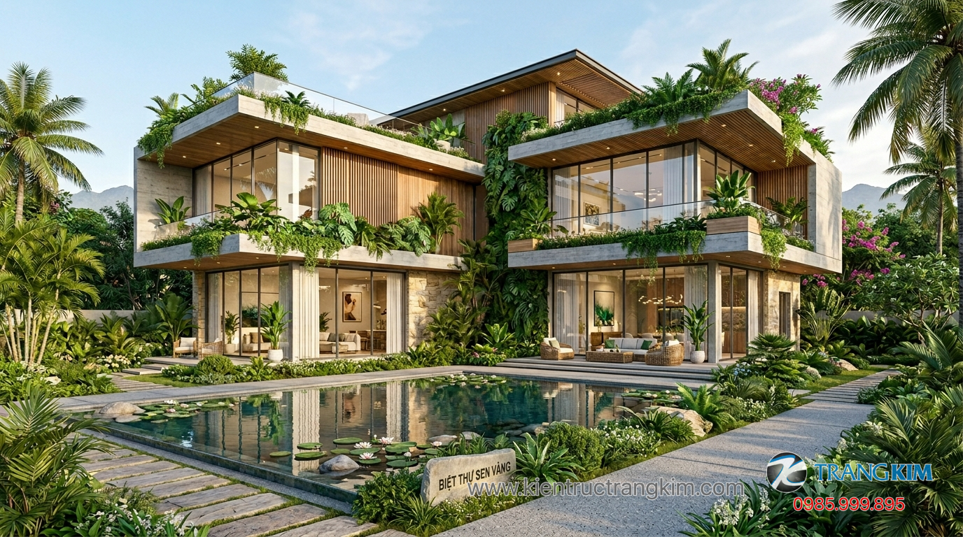 Ảnh minh hoạ: biệt thự hiện đại với nhiều mảng xanh và cửa kính lớn