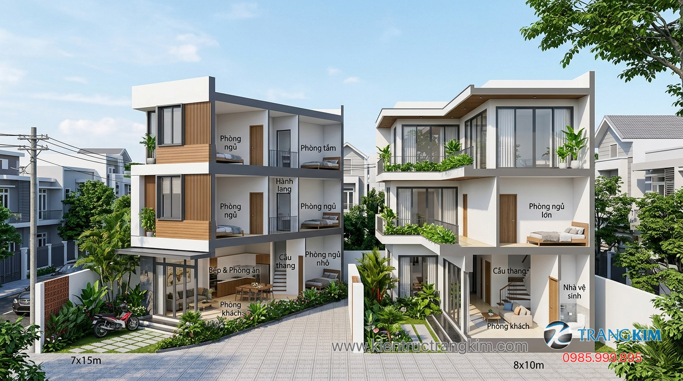 Ảnh minh hoạ: Biệt thự mini 7x15 và 8x10 bố trí thực tế