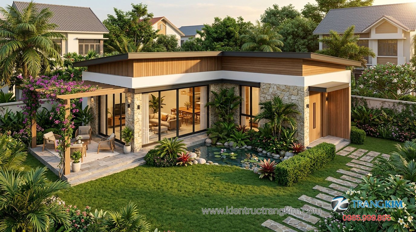 Ảnh minh hoạ: Biệt thự mini chữ L hoàn thiện với sân vườn và không gian xanh