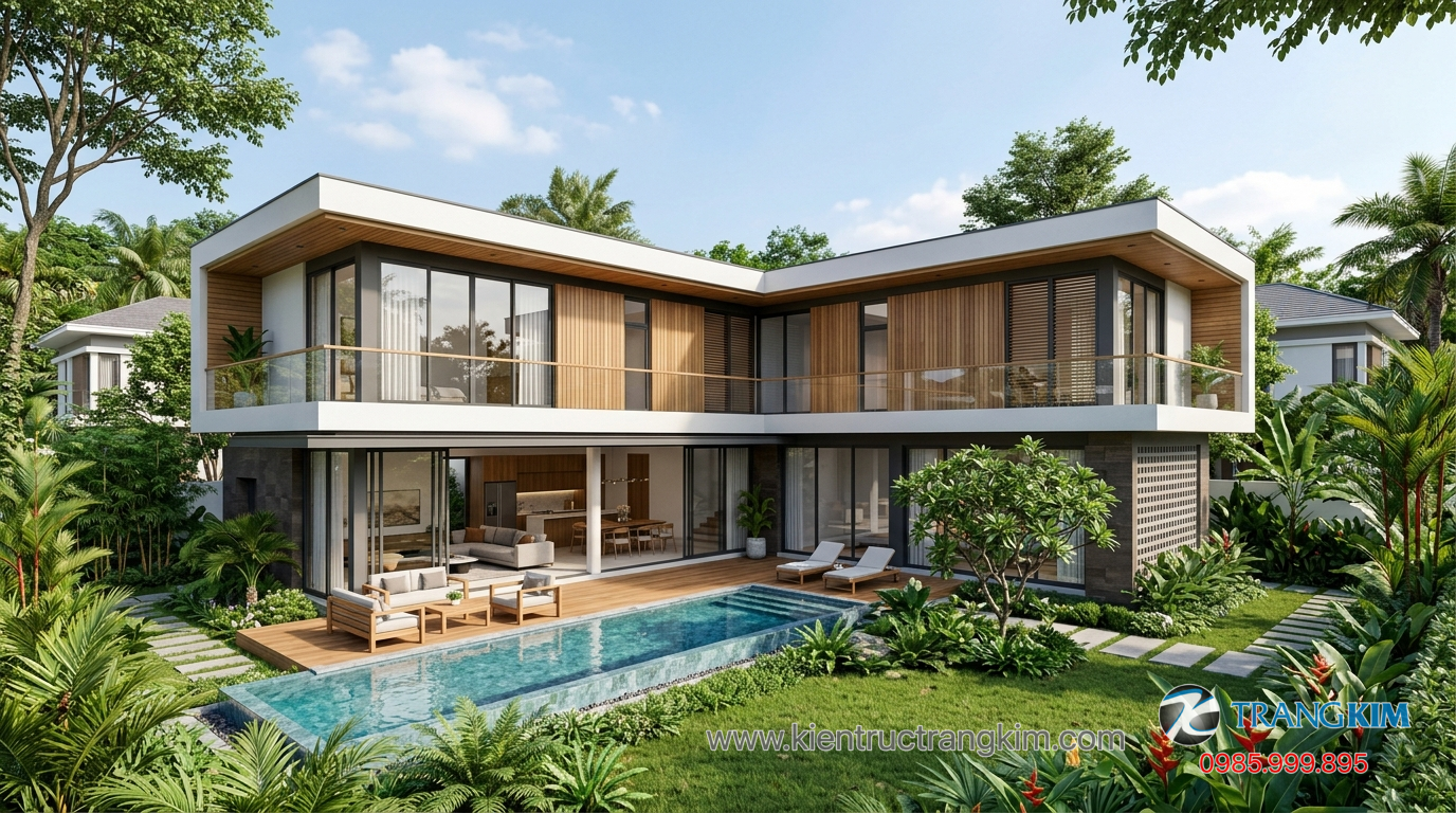 Ảnh minh hoạ: Biệt thự mini chữ L với sân vườn xanh và không gian mở