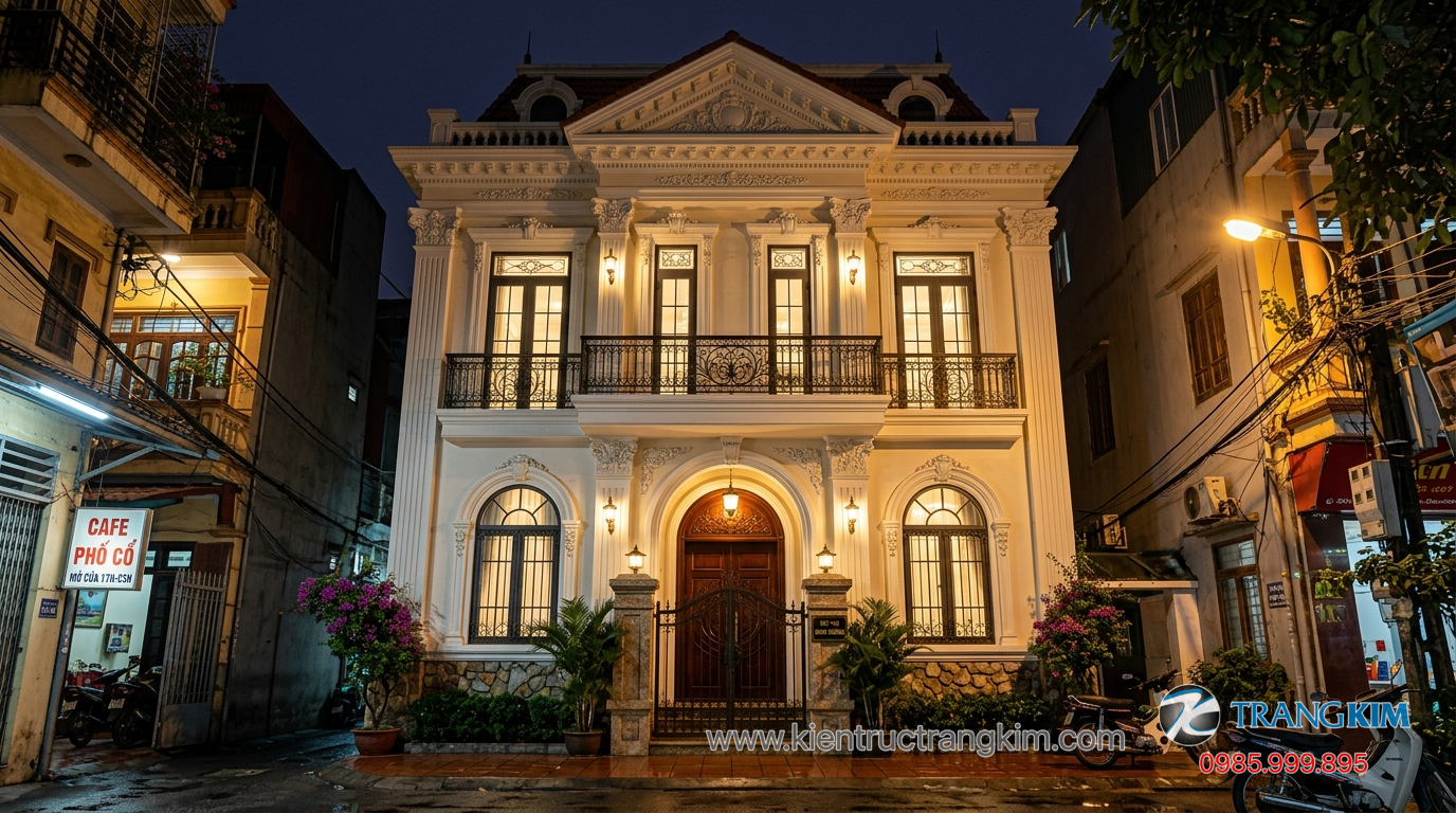 Ảnh minh hoạ: Biệt thự mini tân cổ điển mặt tiền sang trọng với phào chỉ tinh tế