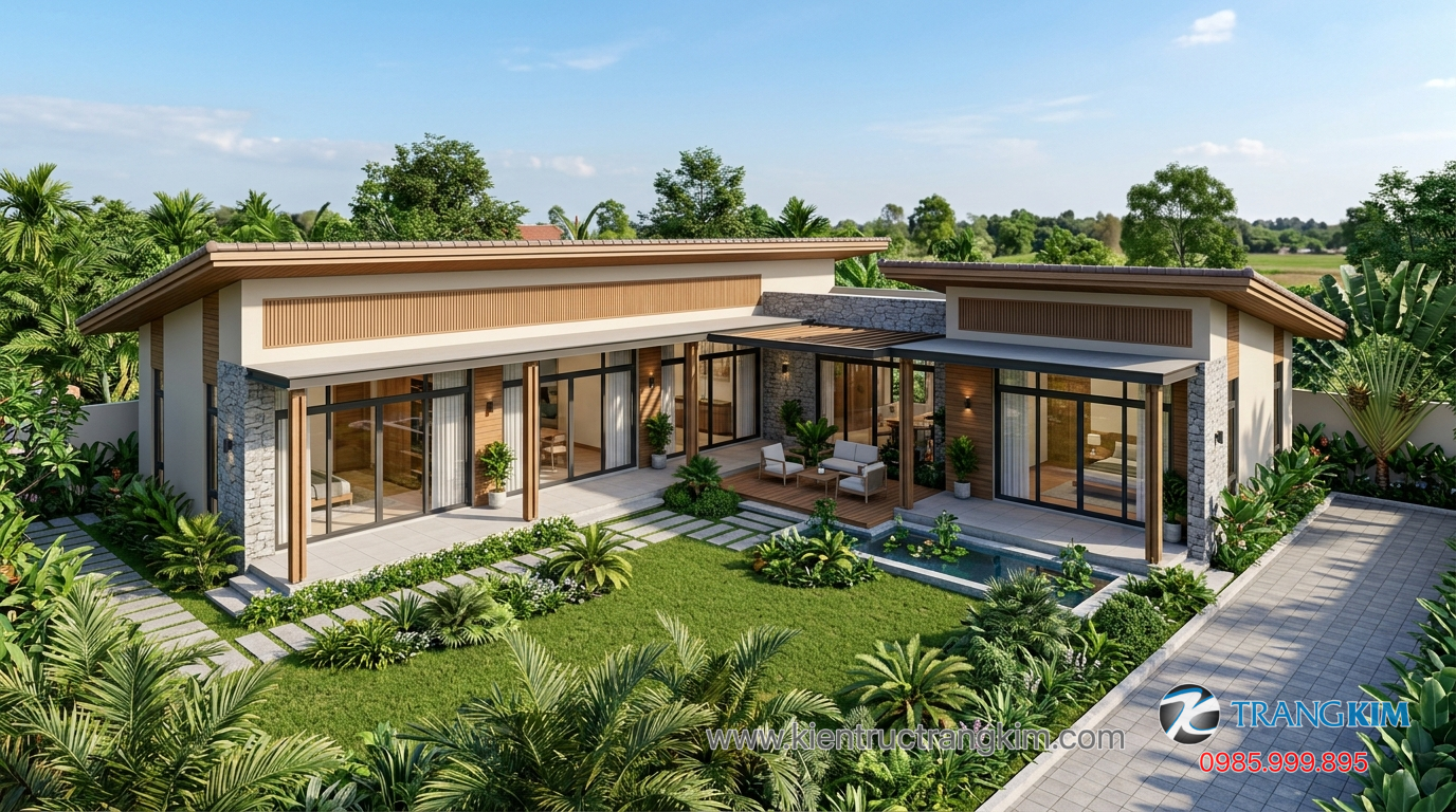 Giải pháp tối ưu chi phí và công năng sử dụng 1 Ảnh minh hoạ: Biệt thự vườn 1 tầng dạng chữ L với 4 phòng ngủ thực tế