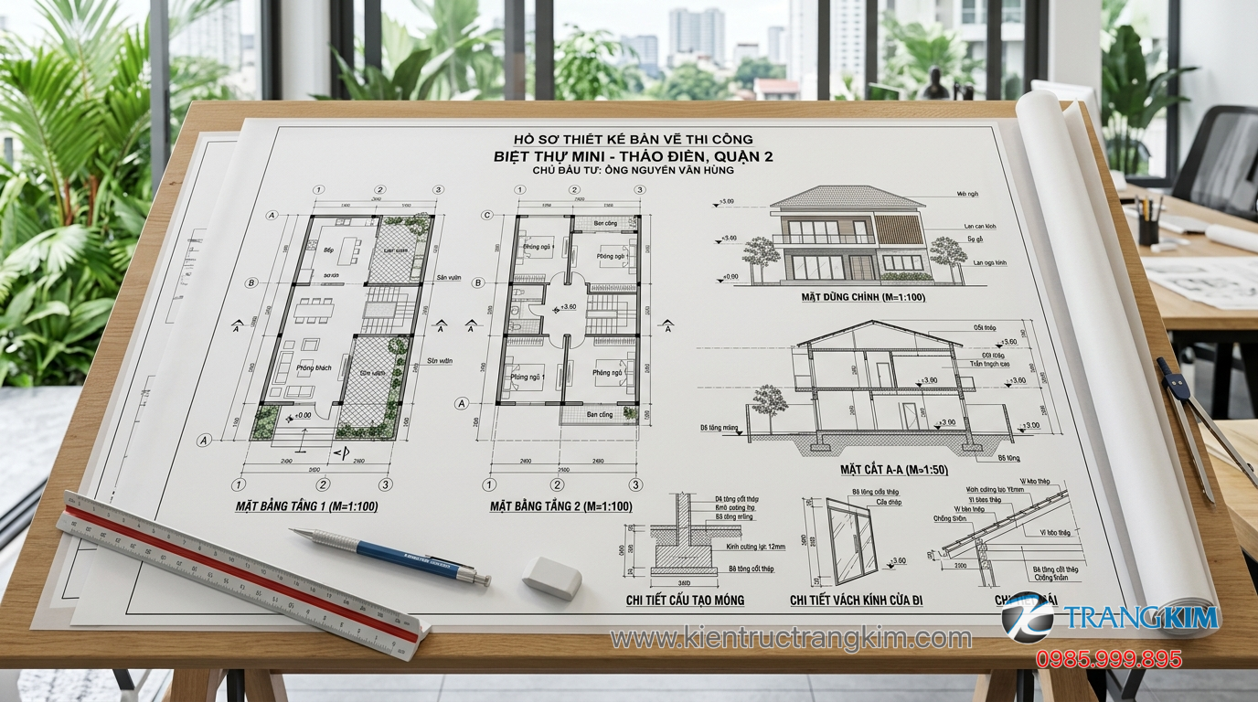 Các thành phần cơ bản trong hồ sơ thiết kế biệt thự mini 1 Ảnh minh hoạ: Bộ hồ sơ bản vẽ biệt thự mini gồm mặt bằng, mặt đứng và chi tiết kỹ thuật