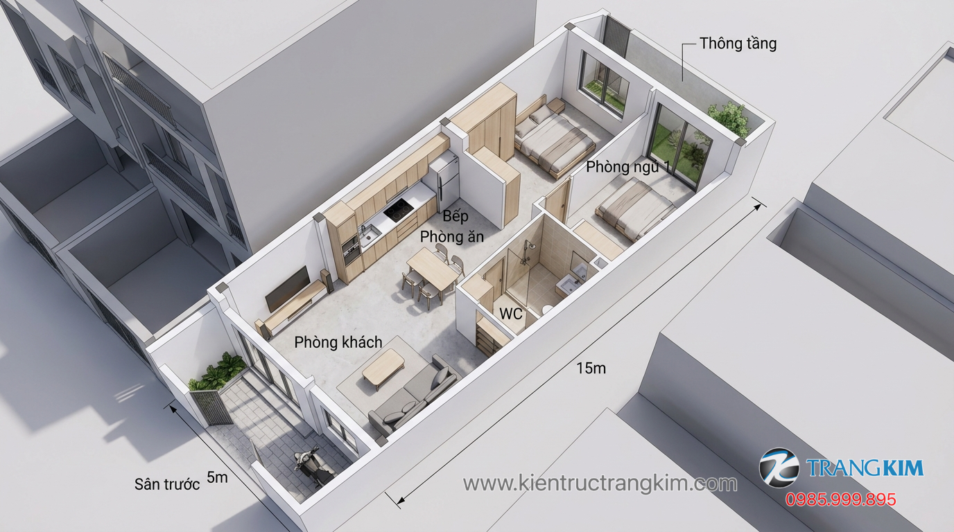 Ảnh minh hoạ: Bố trí mặt bằng mẫu nhà đẹp 1 tầng 5x15m cho nhà phố nhỏ