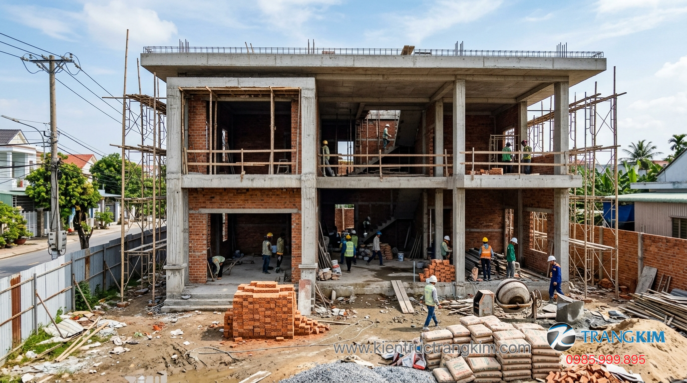 Ảnh minh hoạ: Công trình nhà 2 tầng diện tích lớn đang thi công