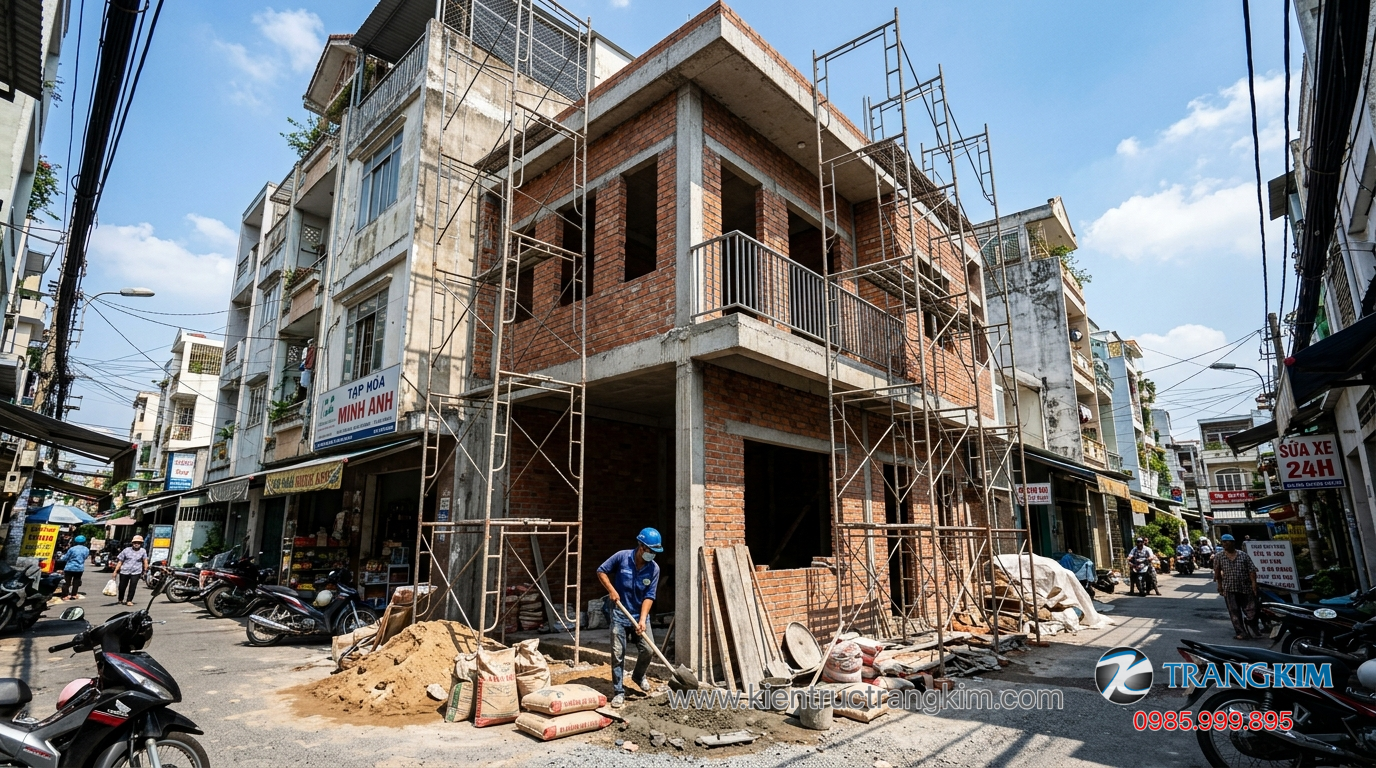 Vật liệu xây dựng và mức độ hoàn thiện 1 Ảnh minh hoạ: Công trình nhà 2 tầng diện tích nhỏ đang thi công