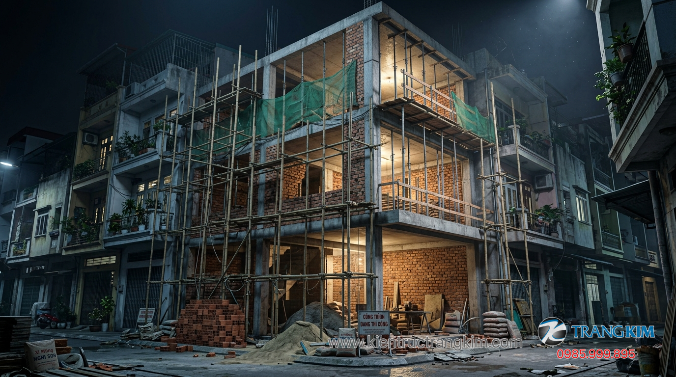 Điều kiện thi công và khu vực xây dựng 1 Ảnh minh hoạ: Công trình nhà phố 3 tầng mặt tiền 5m đang thi công