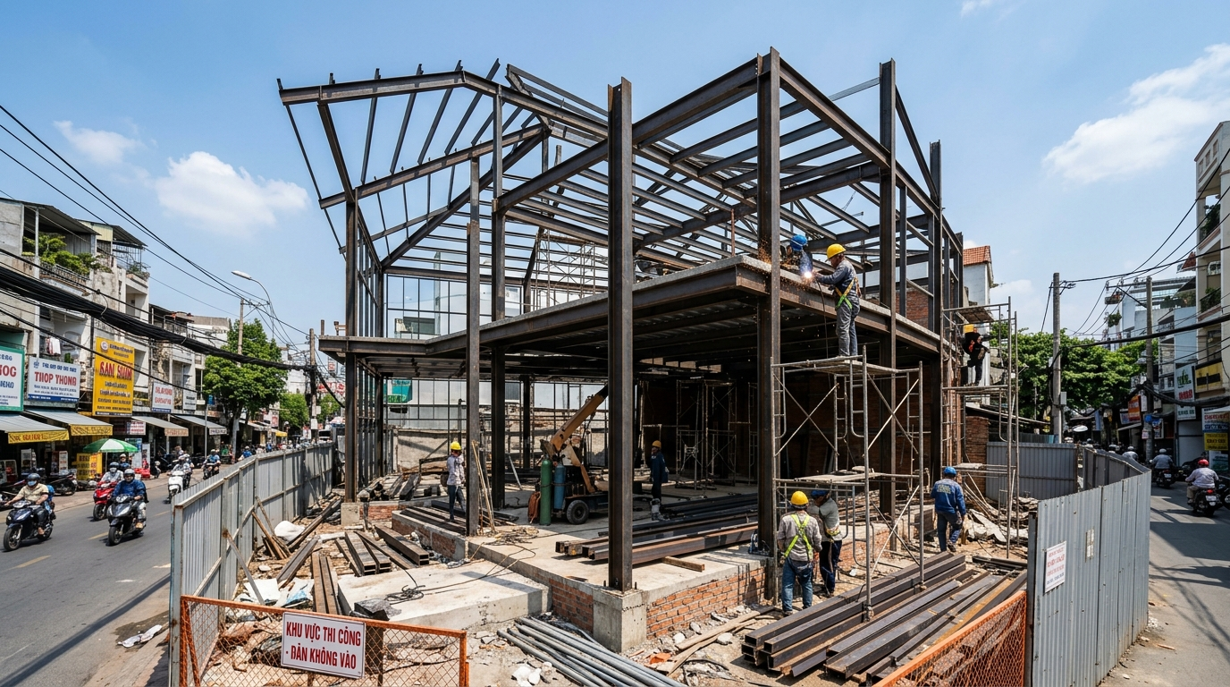 Tổng chi phí dự kiến theo từng quy mô quán 1 Ảnh minh hoạ: công trình quán cafe khung thép đang thi công