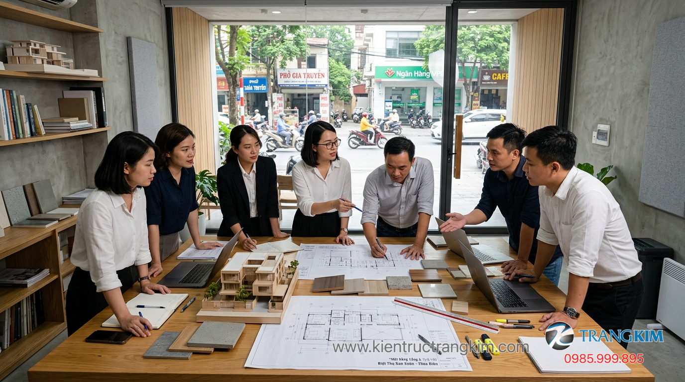 Ảnh minh hoạ: Đội ngũ kiến trúc sư đang triển khai bản vẽ biệt thự