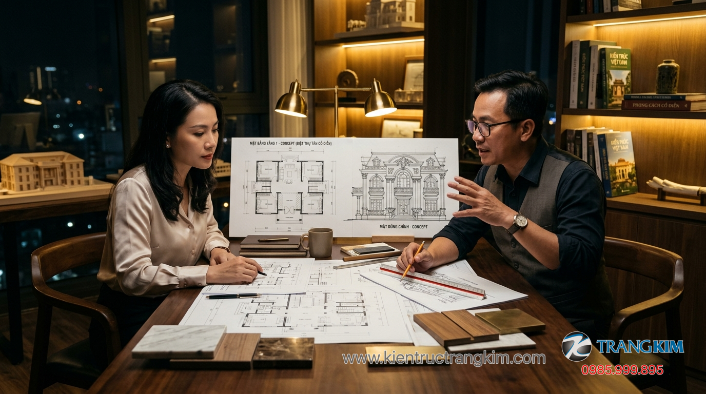 Ảnh minh hoạ: Gia chủ làm việc với kiến trúc sư thiết kế biệt thự tân cổ điển