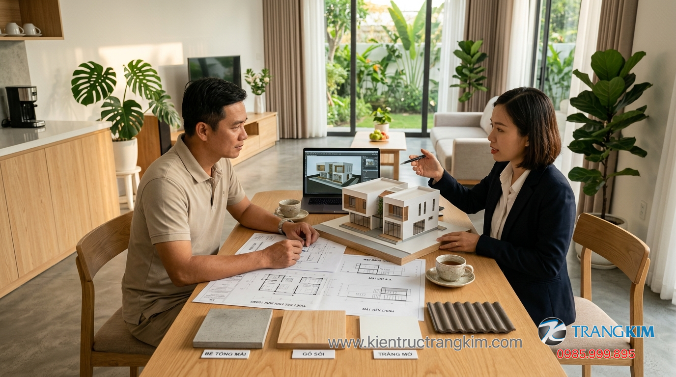 Lời khuyên khi xây dựng biệt thự mini 100m2 1 Ảnh minh hoạ: Gia chủ trao đổi với kiến trúc sư về thiết kế biệt thự mini 100m2