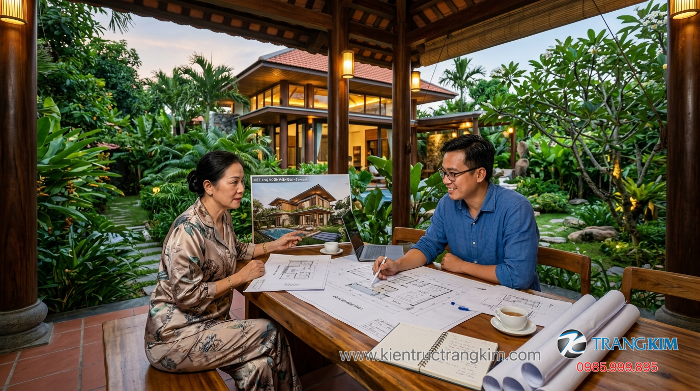 Ảnh minh hoạ: Gia chủ trao đổi với kiến trúc sư về thiết kế biệt thự nhà vườn