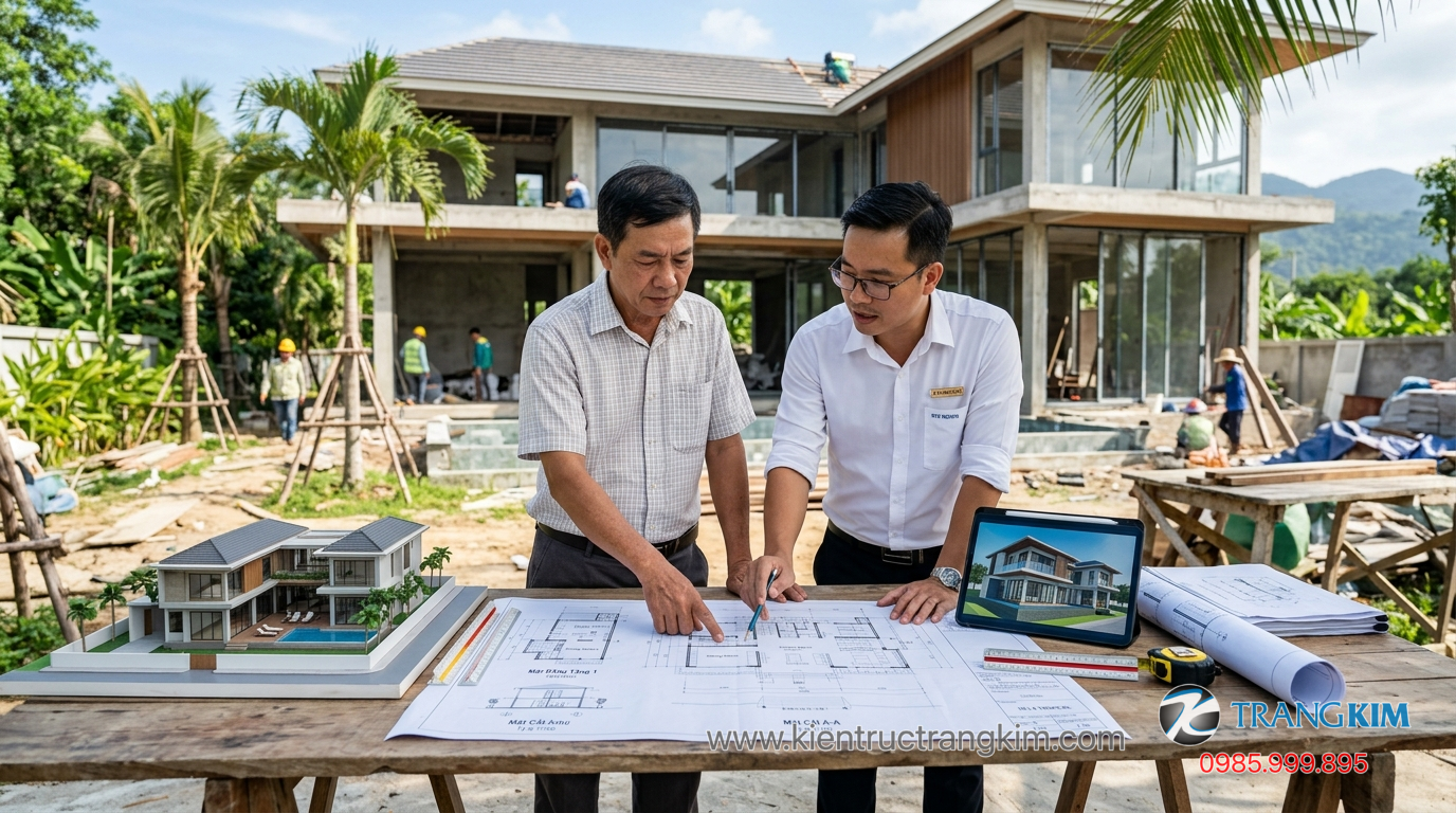 Ảnh minh hoạ: Gia chủ và kiến trúc sư cùng xem bản vẽ thiết kế biệt thự