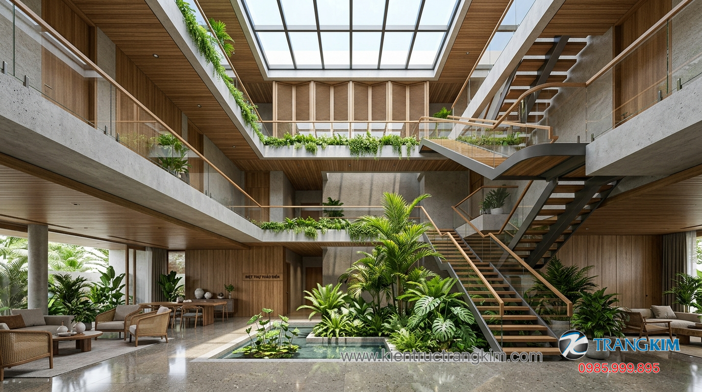 Giải pháp thông gió và ánh sáng cho nhà cao tầng 1 Ảnh minh hoạ: Không gian biệt thự 3 tầng thông thoáng với giếng trời