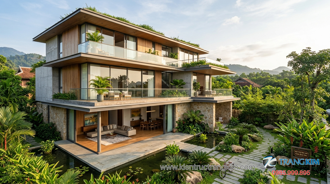 Ảnh minh hoạ: Không gian biệt thự vườn 3 tầng với bố trí mở và nhiều ánh sáng tự nhiên