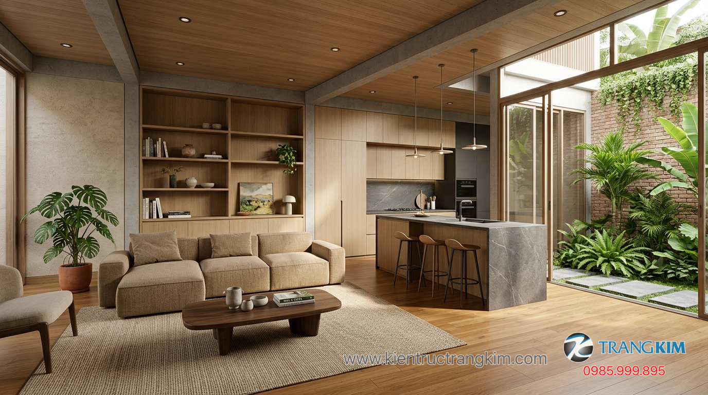 Thiết kế nội thất phòng bếp tiện nghi 1 Ảnh minh hoạ: Không gian phòng khách và bếp liên thông trong nhà ở hiện đại