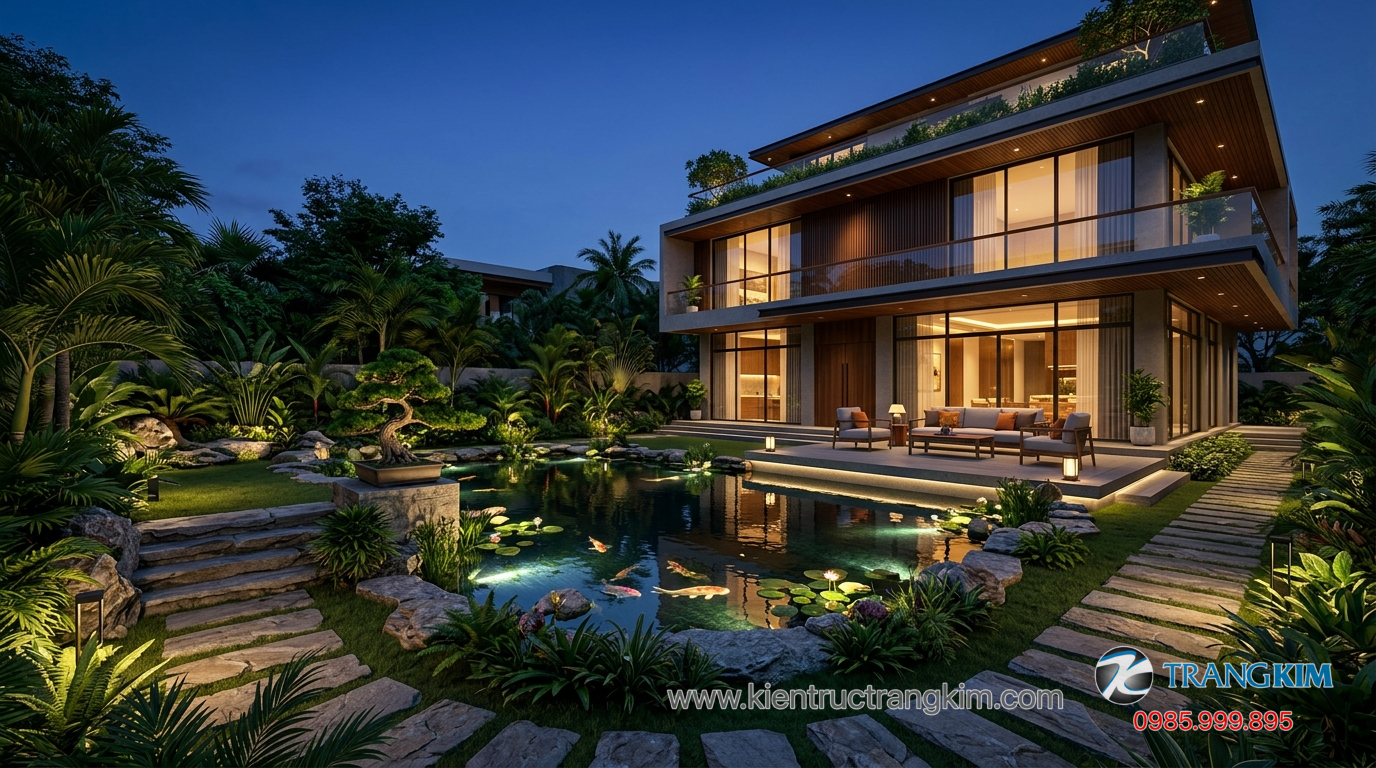 Ảnh minh hoạ: Không gian sân vườn biệt thự 3 tầng với tiểu cảnh và hồ nước