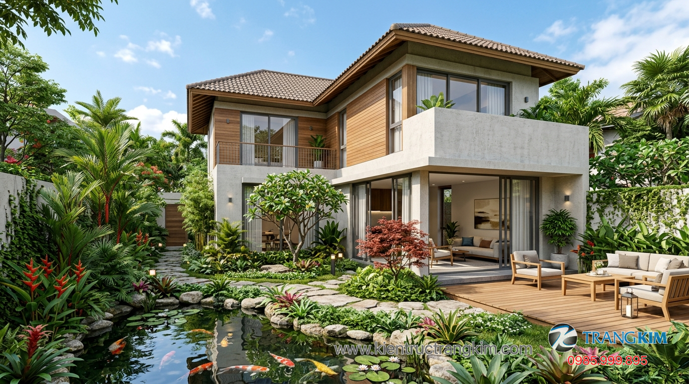 Tăng cường không gian xanh và ánh sáng tự nhiên 1 Ảnh minh hoạ: Không gian sân vườn xanh trong thiết kế biệt thự mini