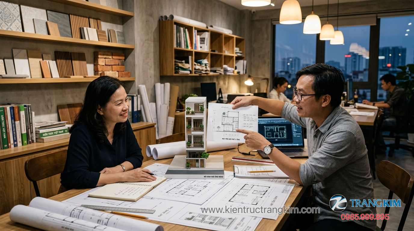 Ảnh minh hoạ: Kiến trúc sư đang trao đổi phương án thiết kế nhà phố 3 tầng với gia chủ