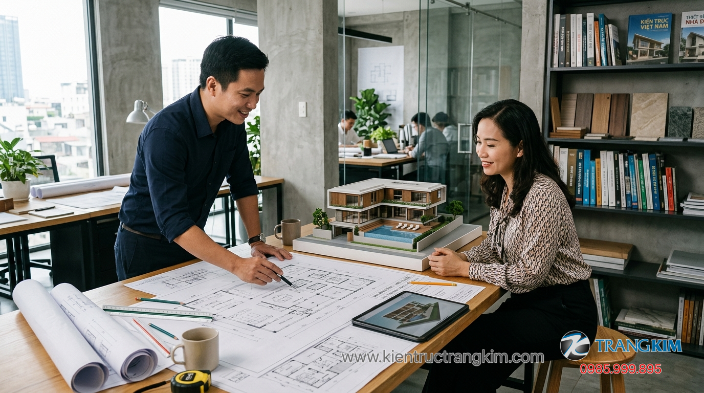 Ảnh minh hoạ: Kiến trúc sư đang tư vấn bản vẽ thiết kế biệt thự cho khách hàng