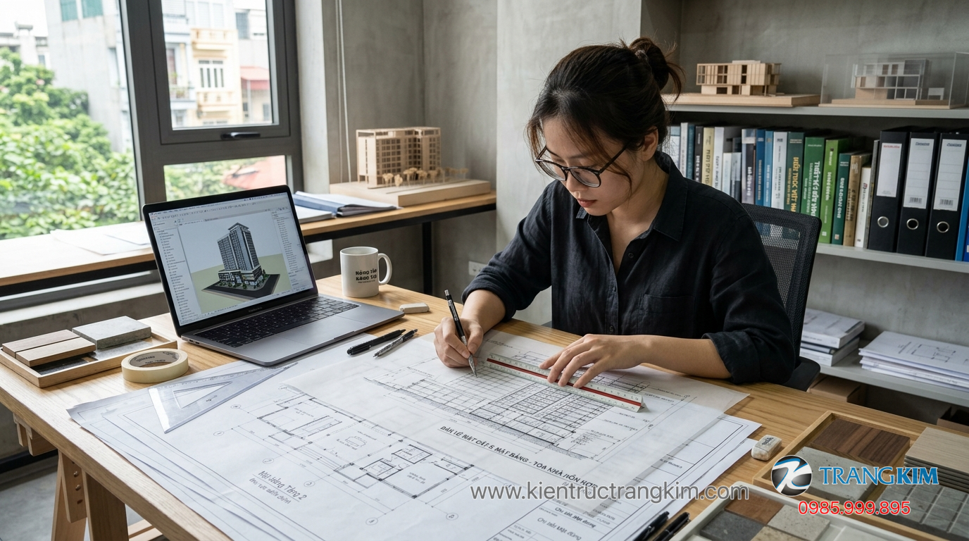 Ảnh minh hoạ: Kiến trúc sư làm việc trên bản vẽ thiết kế kiến trúc