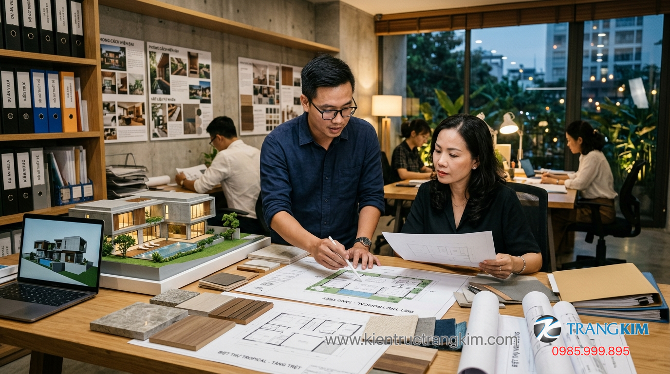 Những rủi ro khi thuê đơn vị thiết kế thiếu kinh nghiệm 1 Ảnh minh hoạ: Kiến trúc sư trao đổi phương án thiết kế biệt thự với gia chủ