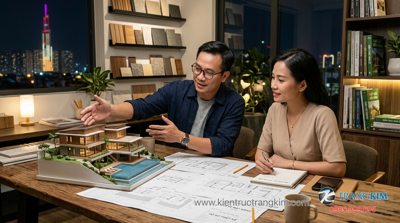 Ảnh minh hoạ: Kiến trúc sư trao đổi phương án thiết kế biệt thự với khách hàng