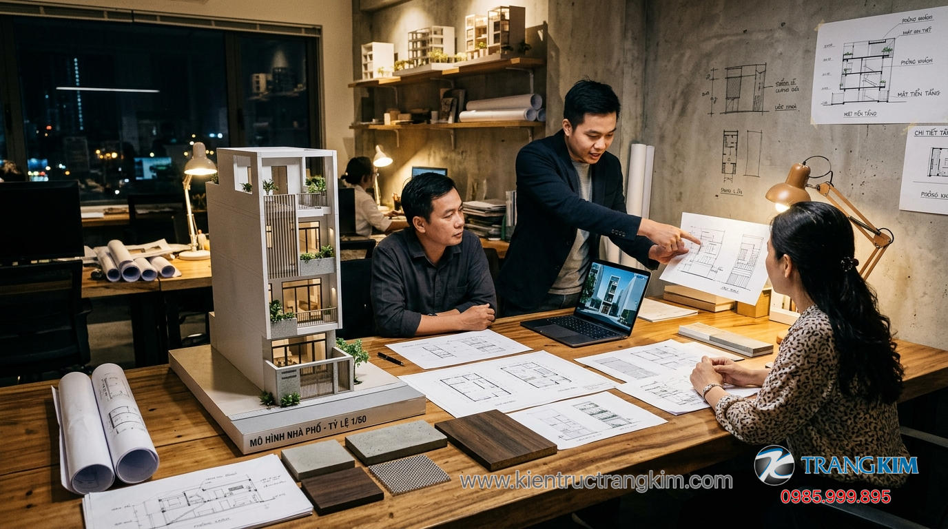 Ảnh minh hoạ: Kiến trúc sư trao đổi phương án thiết kế nhà phố 4 tầng với gia chủ