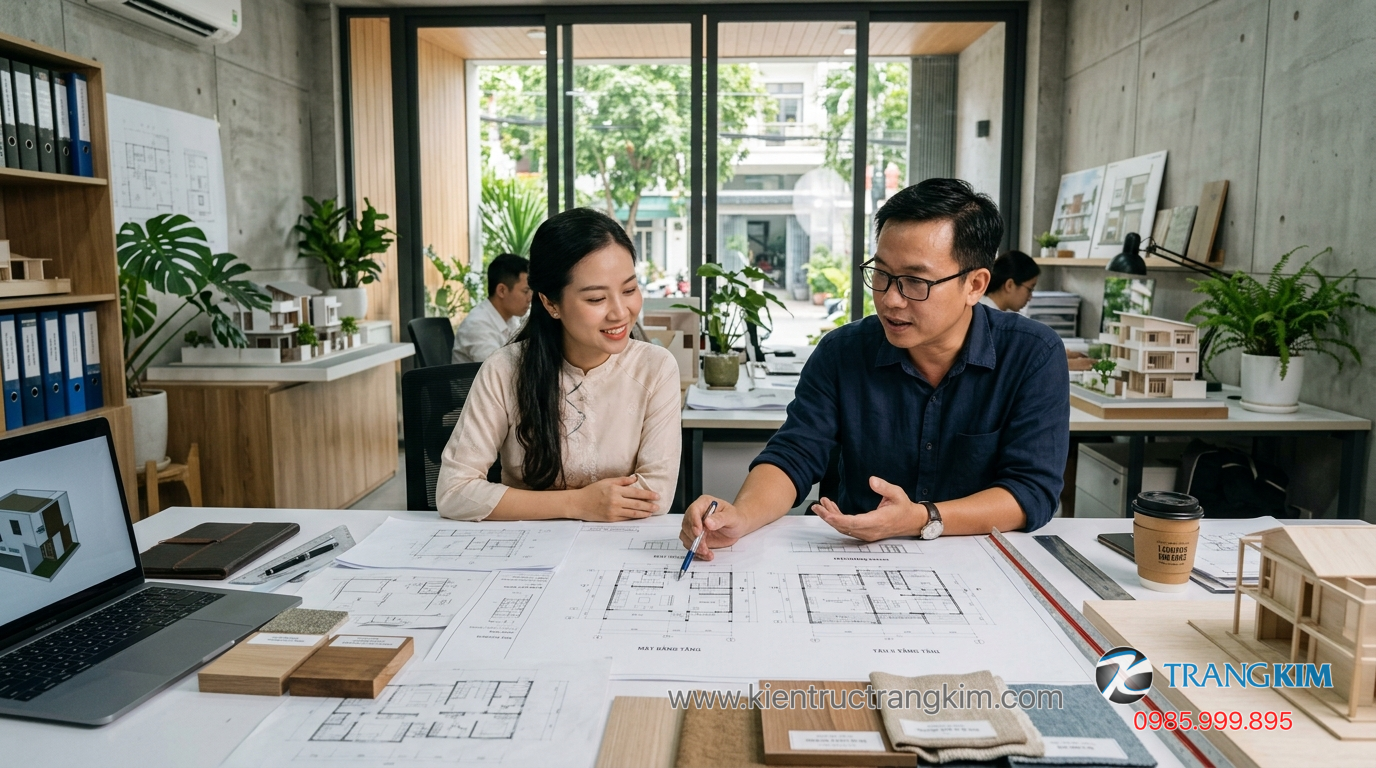 Ảnh minh hoạ: Kiến trúc sư trao đổi phương án thiết kế nhà