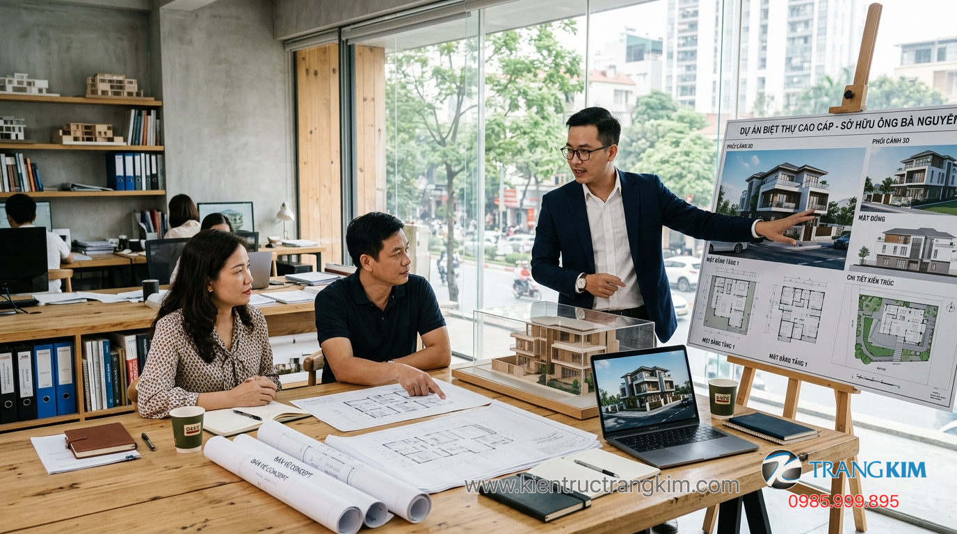 Vai trò của kiến trúc sư trong quá trình thiết kế 1 Ảnh minh hoạ: Kiến trúc sư trình bày bản vẽ thiết kế biệt thự cho khách hàng