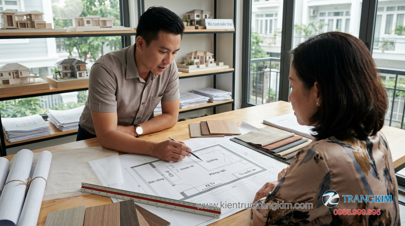Làm việc với đơn vị thiết kế và thi công chuyên nghiệp 1 Ảnh minh hoạ: kiến trúc sư tư vấn thiết kế phòng ngủ trong bản vẽ nhà ở