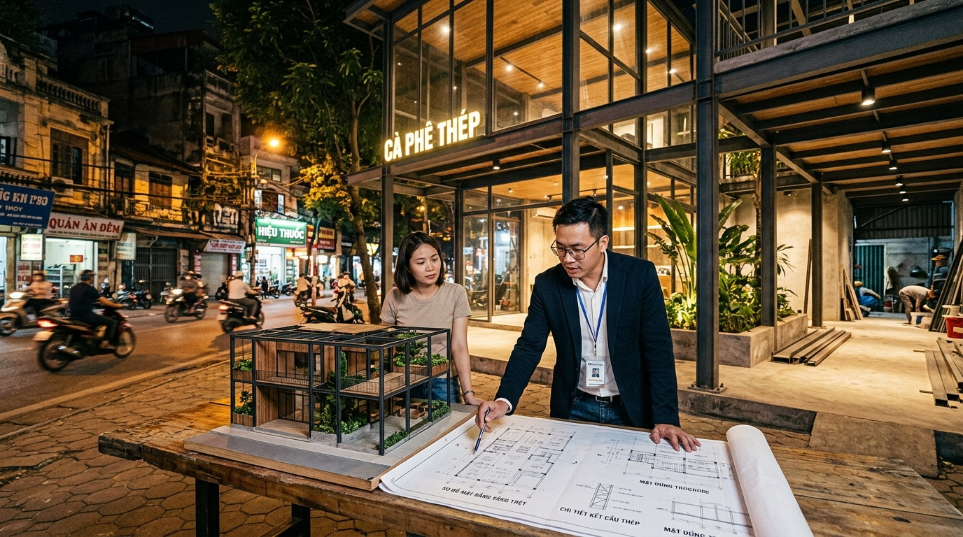 Làm việc với đơn vị thiết kế và thi công chuyên nghiệp 1 Ảnh minh hoạ: kiến trúc sư tư vấn thiết kế quán cafe khung thép