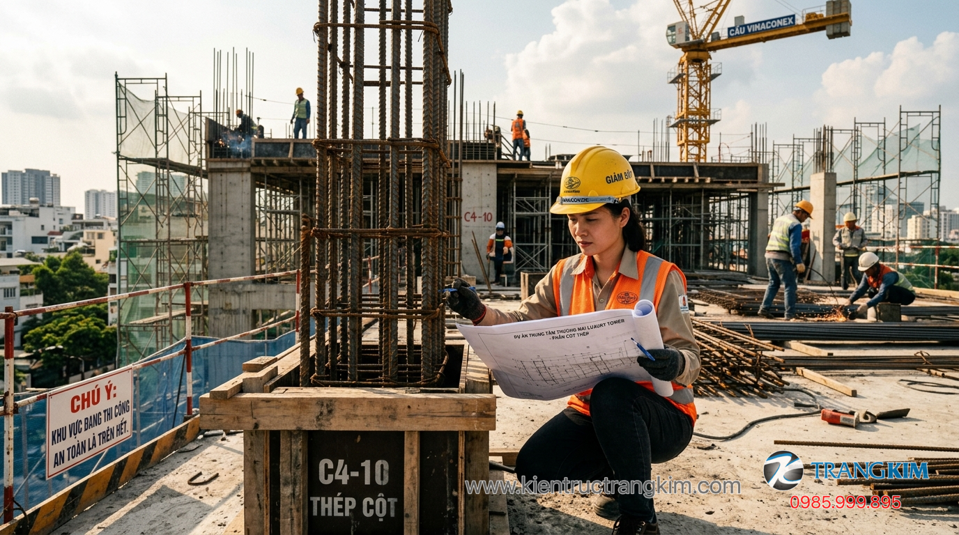 Ảnh minh hoạ: kỹ sư giám sát kiểm tra chất lượng thi công tại công trường