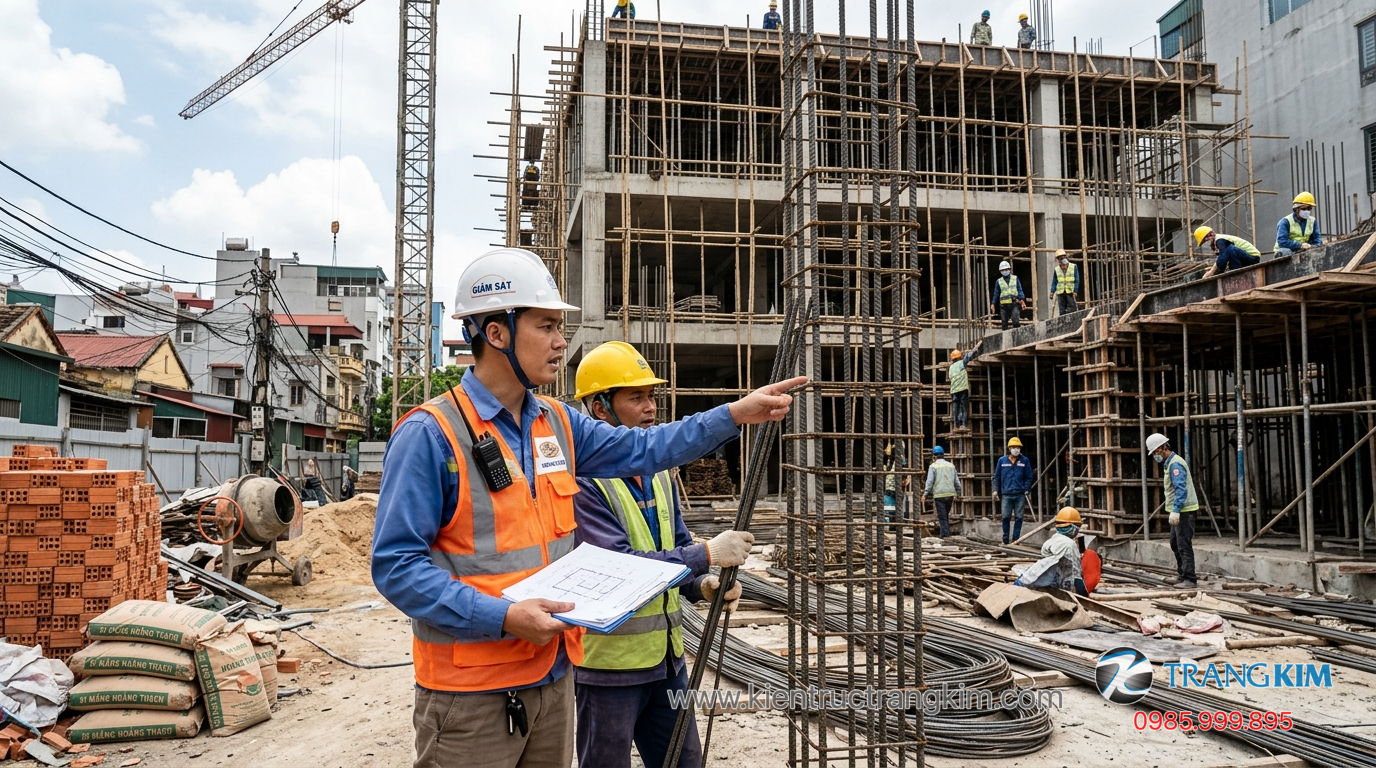 Ảnh minh hoạ: kỹ sư giám sát kiểm tra quá trình thi công tại công trường