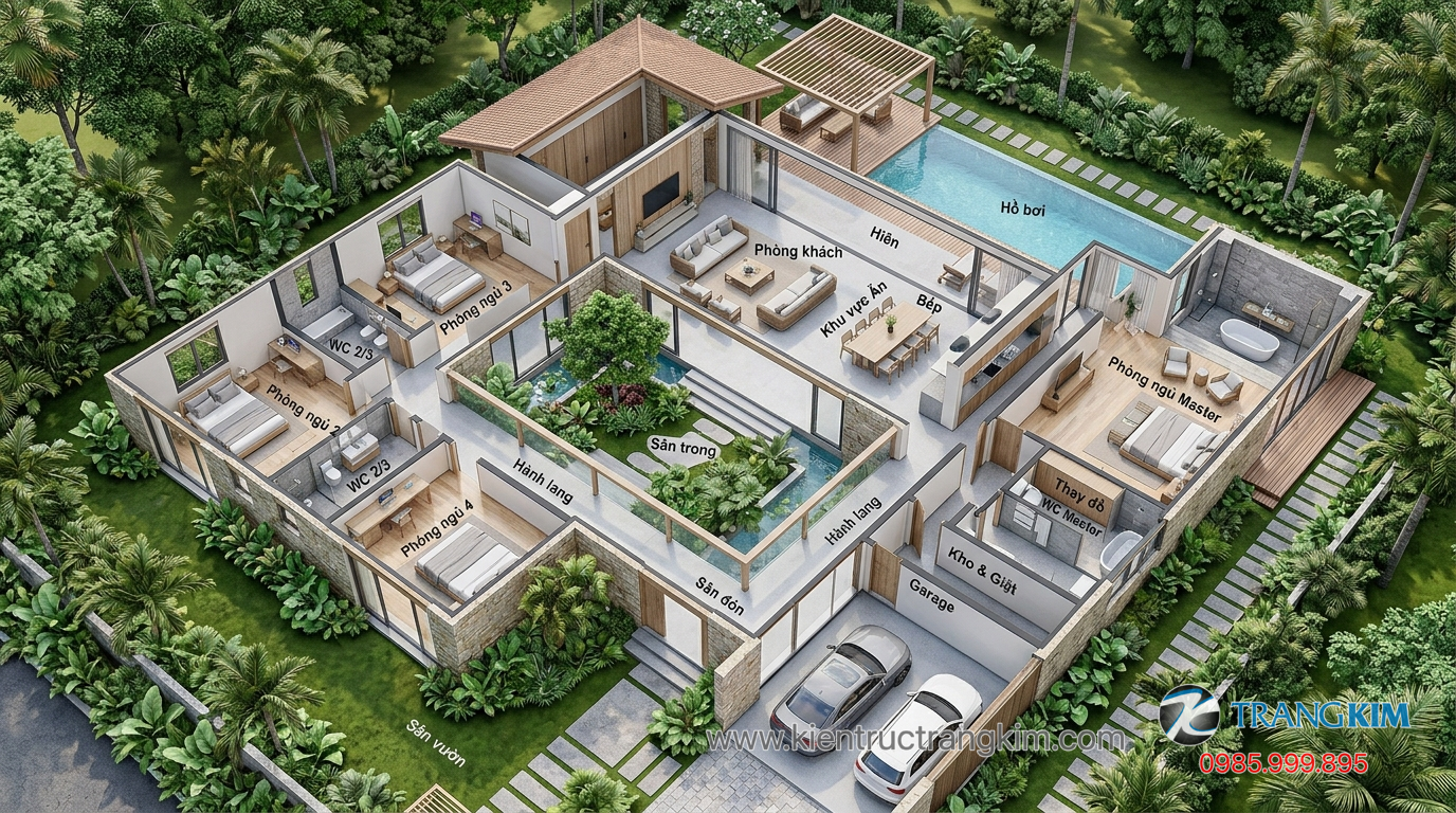 Tối ưu giao thông và liên kết giữa các khu vực 1 Ảnh minh hoạ: Mặt bằng biệt thự vườn 1 tầng 4 phòng ngủ bố trí khoa học